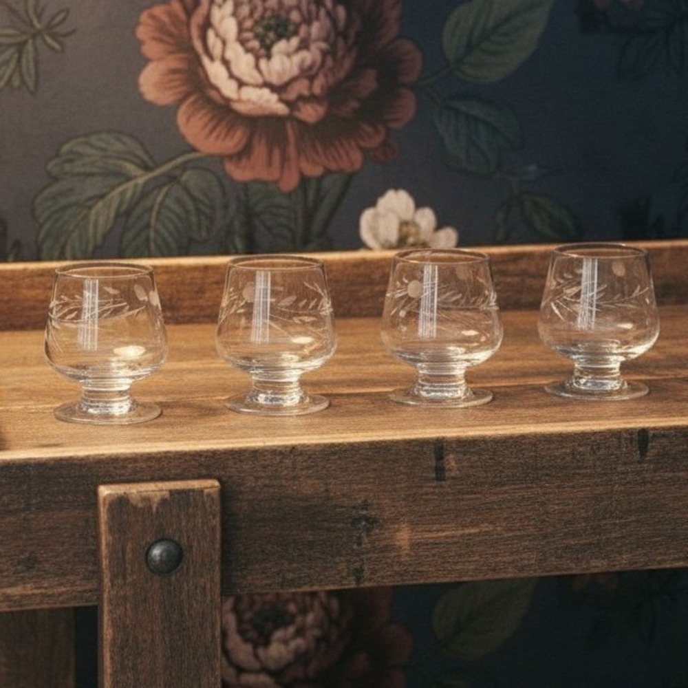 Pioneer Willow Moon Mini Brandy Schnapps Glasses, Set of 4, Vtg Etched Barware